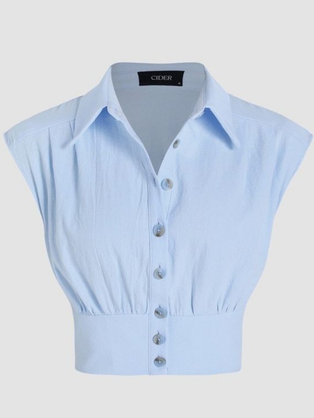 Cider Shirred Collar Button Up Top Light Blue